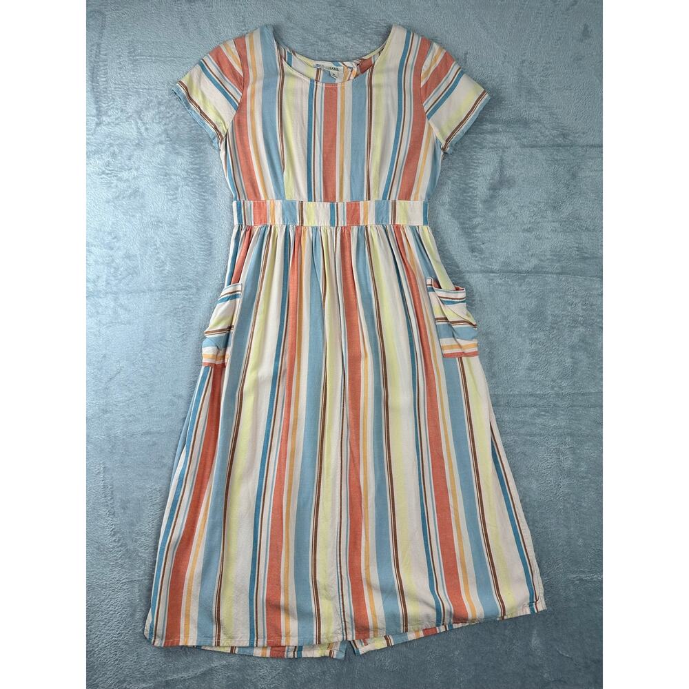 a.n.a. Linen Blend Midi Stiped House Dress Backless Cut-Out Patch Pockets Size M